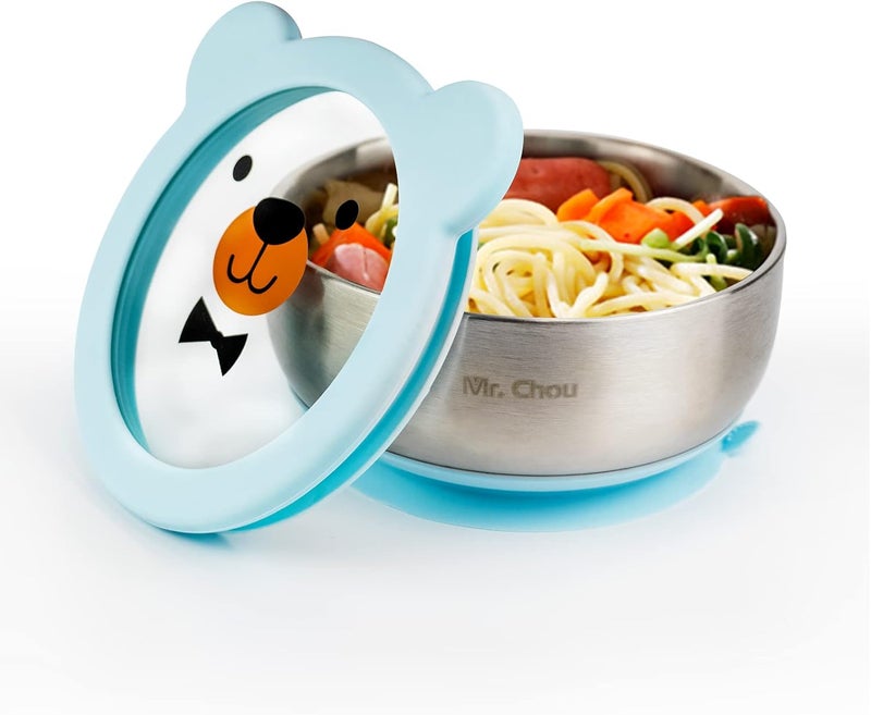 MR. CHOU Baby Bowls with Non-Slip Silicone Suction Cup, Insulated Double-Layer 18/8 Stainless Steel Toddler Bowls with BPA Free Airtight Lids, Food-Grade Silicone Safe for Kids (Blue) - Image 1
